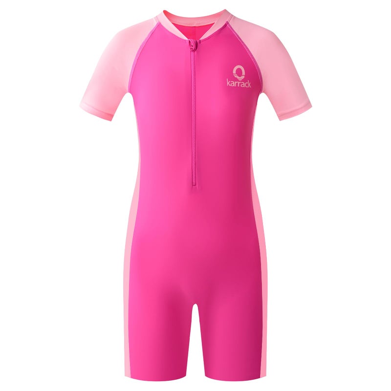 karrack Girls and Boys One Piece Rash Guard Swimsuit Kid Water Sport Short Swimsuit UPF 50+ Sun Protection Bathing Suits Pink (Size 4-6Years) - Image 1